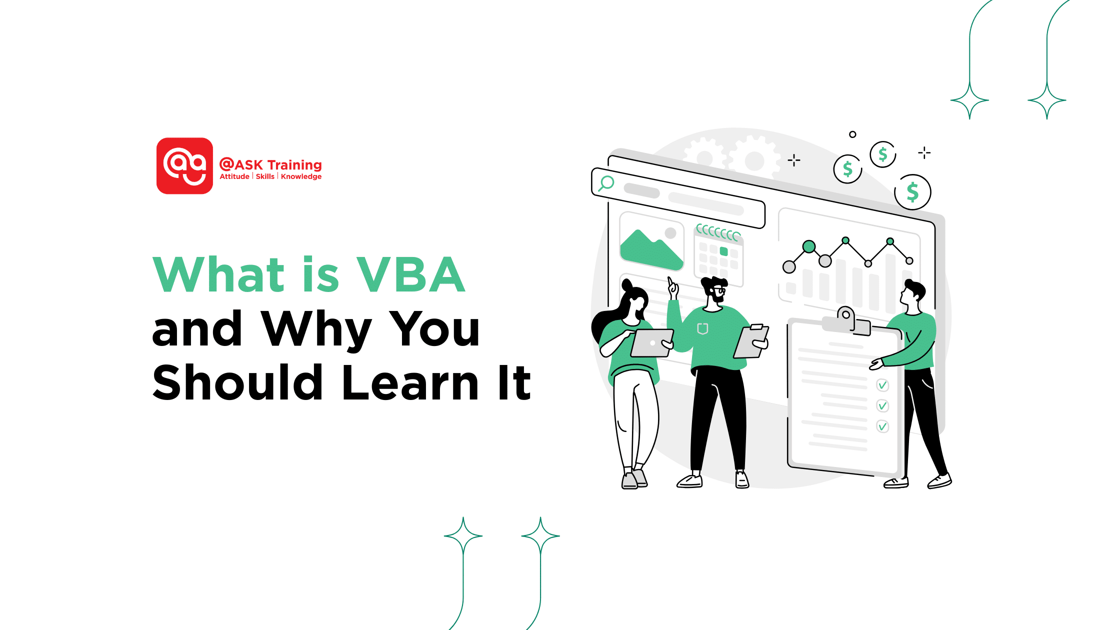 a header banner for what is VBA and why you should learn it with humans and graphs elements