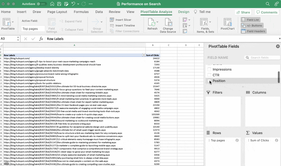 Dragging fields into PivotTable field list in Excel