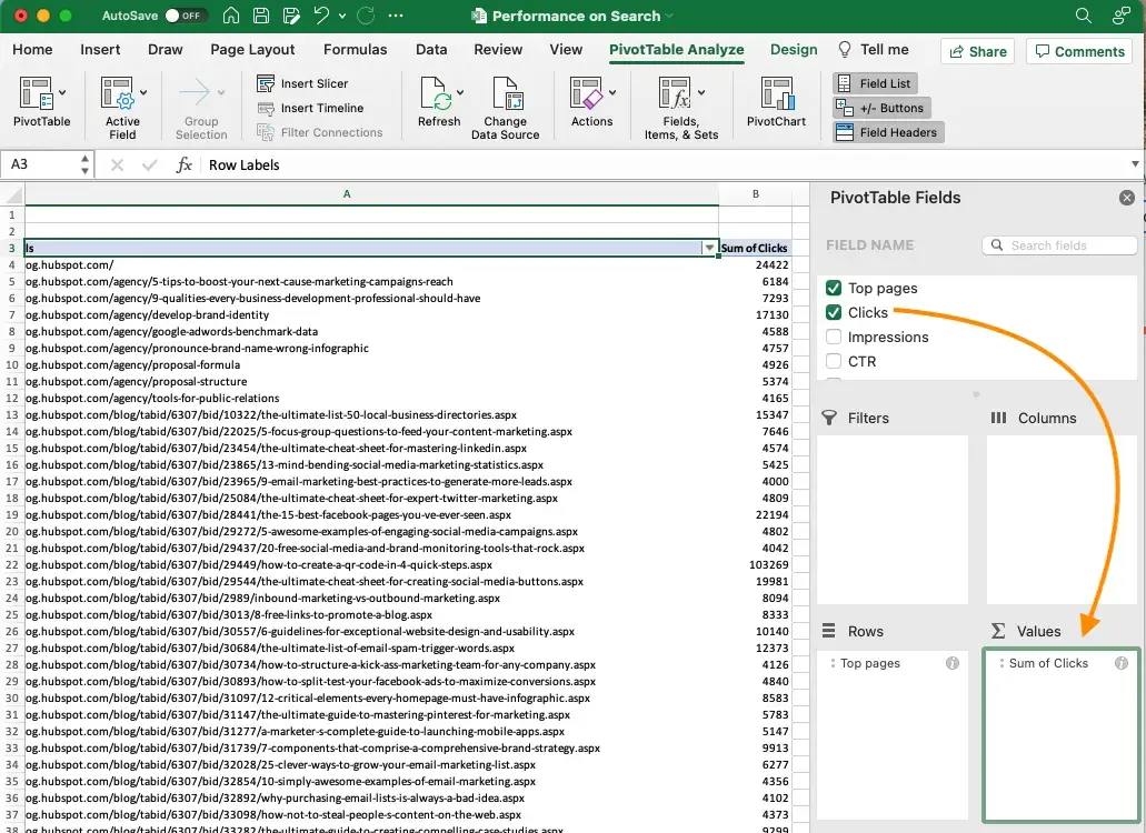Clicking field list in Excel PivotTable