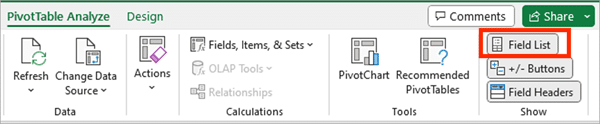 Field list section of Excel PivotTable