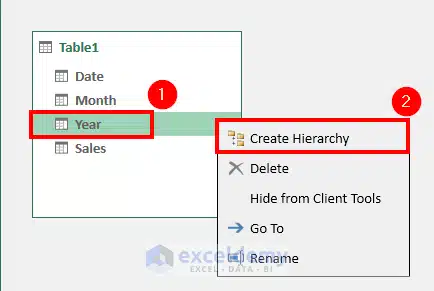 an image of creating a date hierarchy data model in power pivot