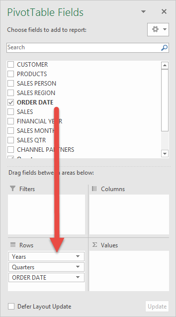 PivotTable showing order date grouping example in Excel