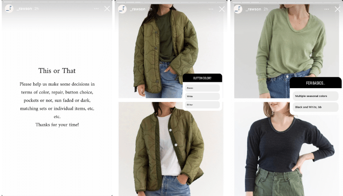 screenshot example of rawson clothing with polls on instagram as shareable content