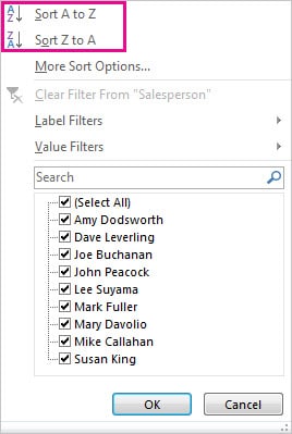 Sorting PivotTable order amount A to Z in Excel