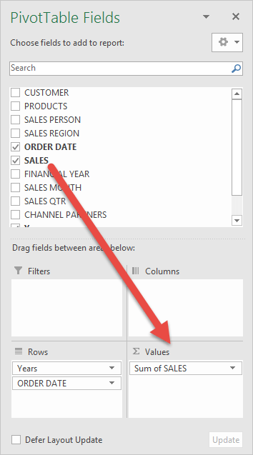 Sum of sales example using Excel PivotTable
