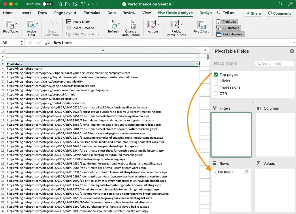 Top pages field list in Excel PivotTable