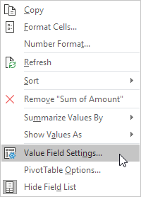Value field settings in Excel PivotTable
