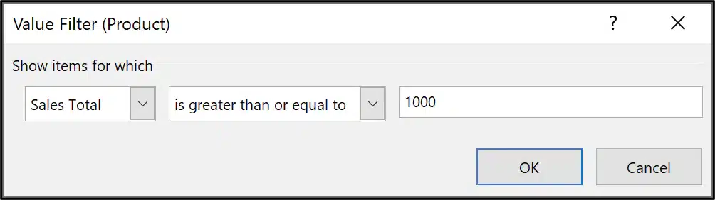 Applying value filter in Excel PivotTable