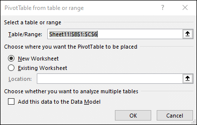a screenshot of popup window to creating a pivottable in excel windows