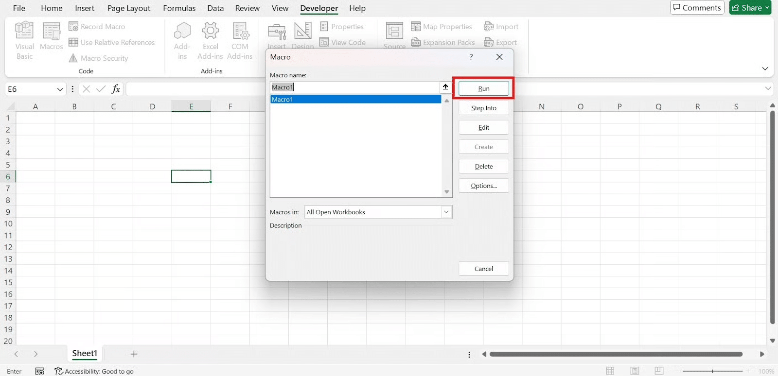 a screenshot of running from developer tab for macro in excel