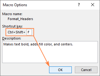 a screenshot of macro options window to run shortcut key in excel