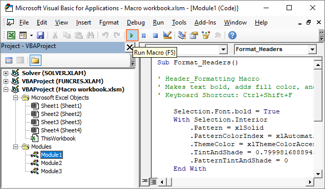 a screenshot of where to run vba for macro excel