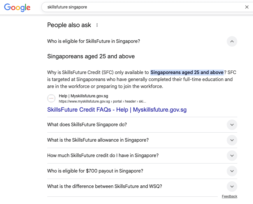 SkillsFuture Singapore search results people also ask section uploaded in September 2025