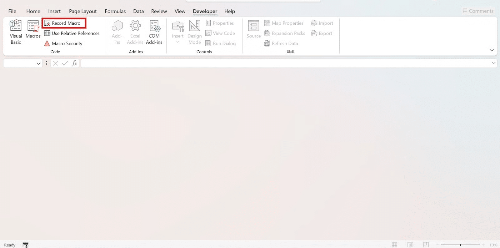 a screenshot of start recording macro in excel