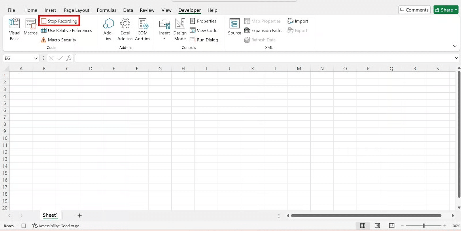 screenshot of stop recording macro in excel