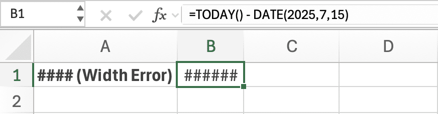Display of different Excel error messages