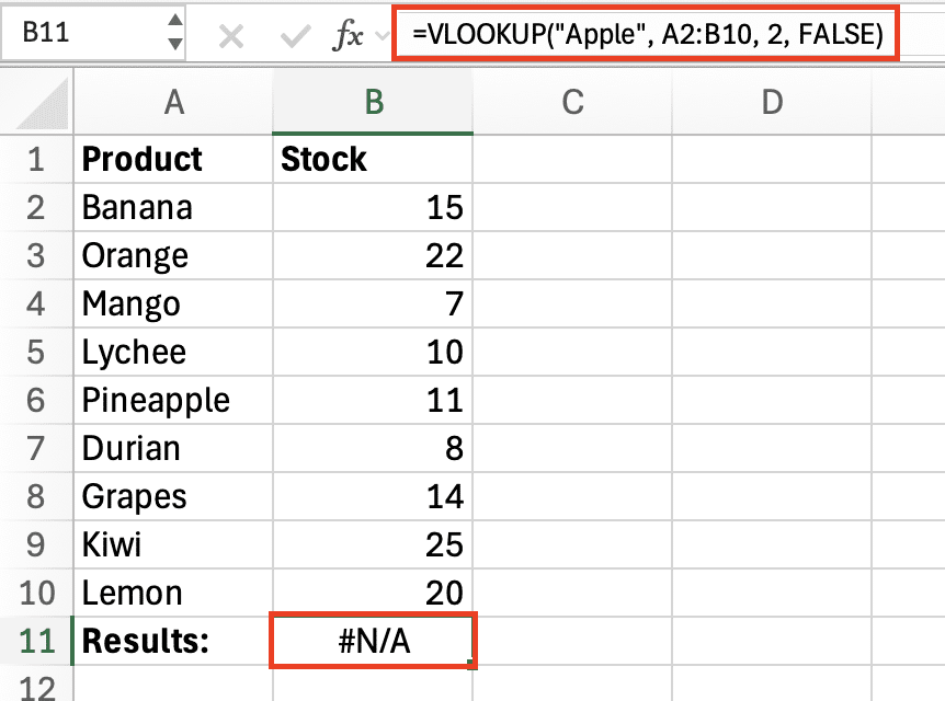 Example of NA error in Excel