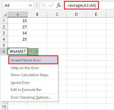 Excel NAME error example