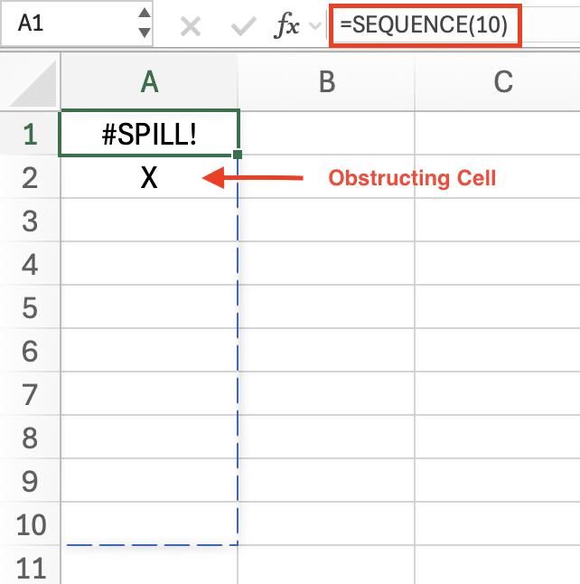 Excel screenshot showing obstructing SPILL error