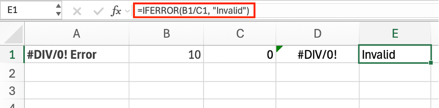 Excel division error after fix example