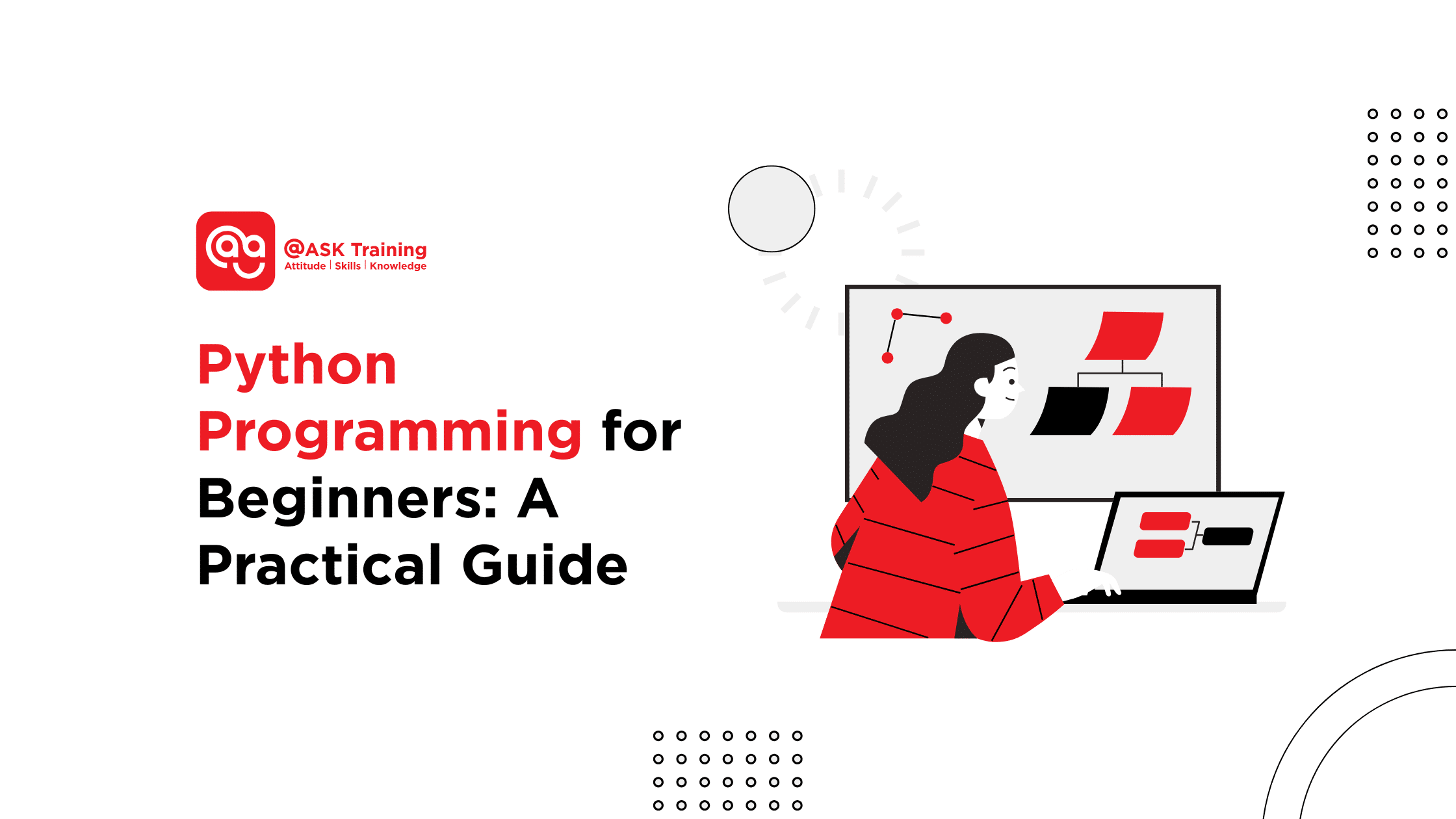 A woman sits at a desk using a laptop with flowcharts on the screen. Text reads Python Programming for Beginners: A Practical Guide. 