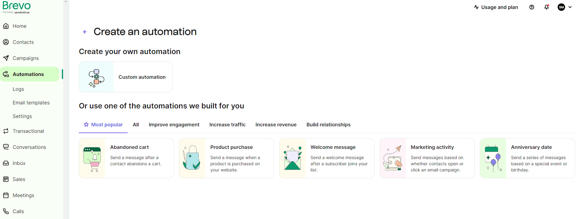 Brevo automation dashboard showing workflow management