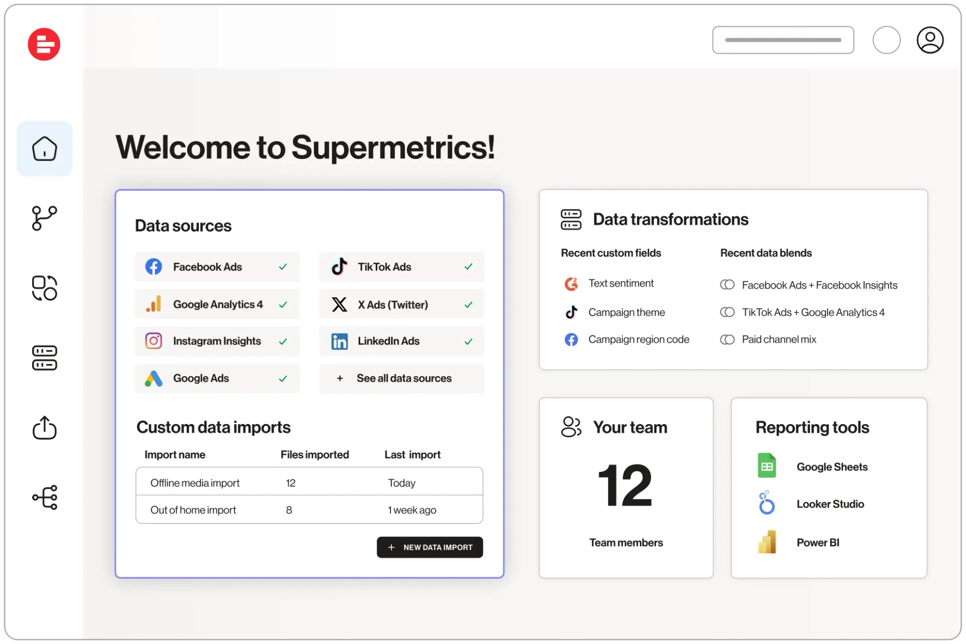 Supermetrics dashboard for marketing data aggregation