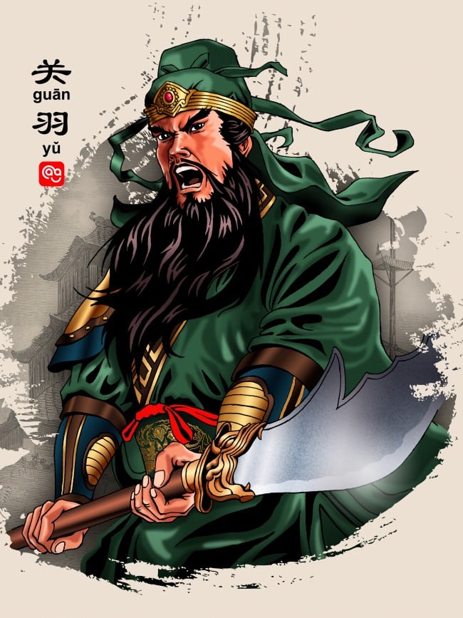 Illustration of Guan Yu, bearded warrior in green robes holding a guandao