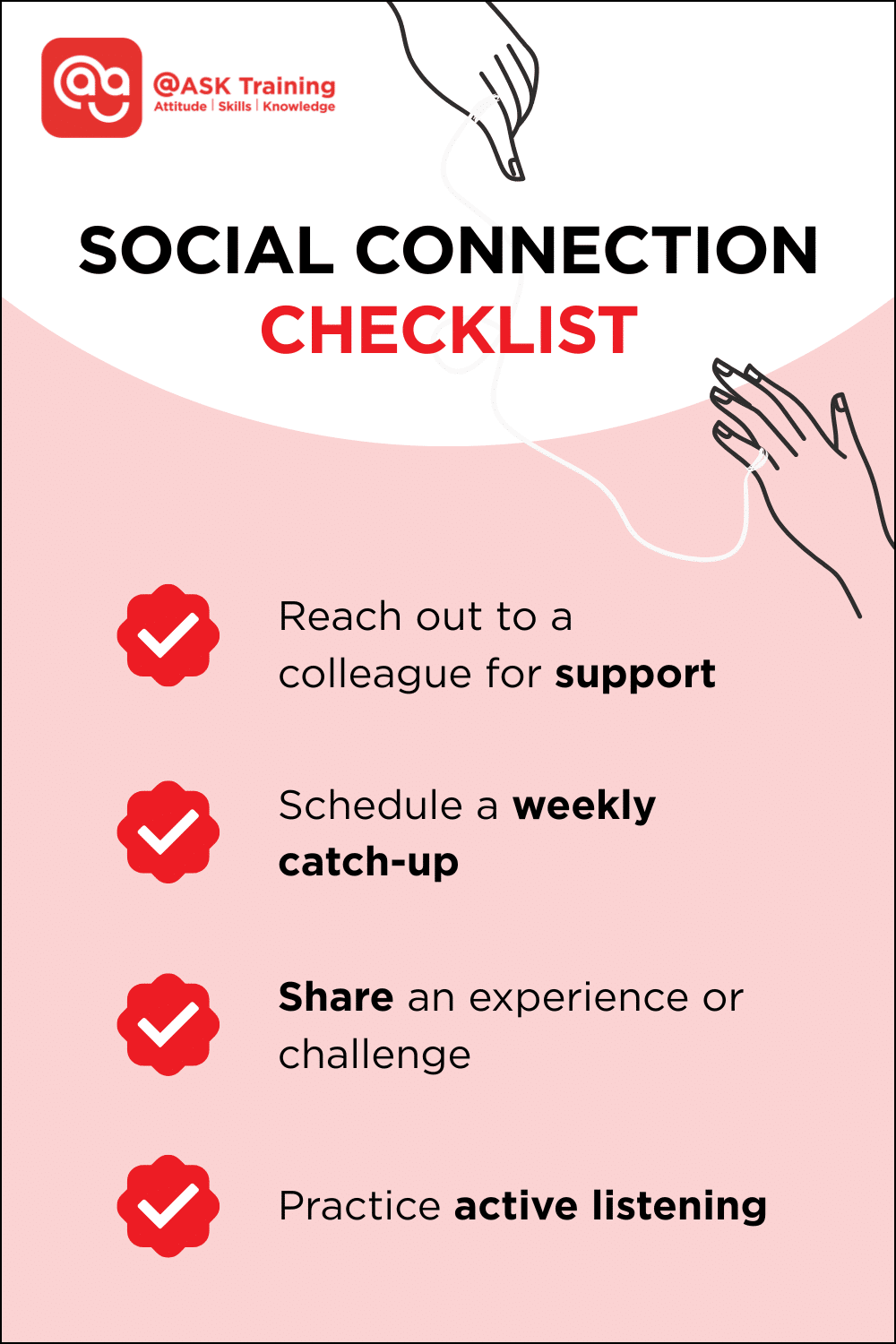 Pink checklist graphic titled 'Social Connection Checklist' with three checkmarked action items