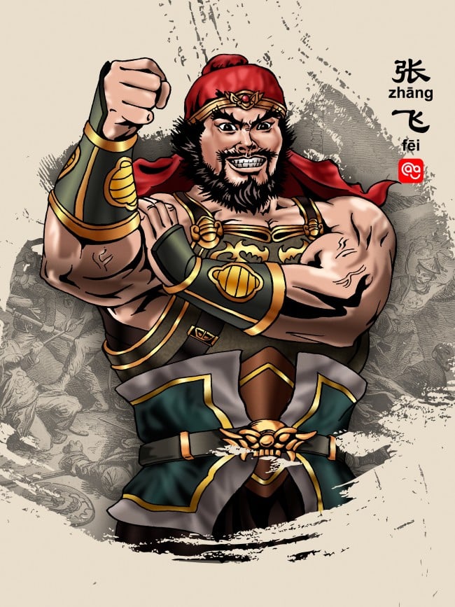 Illustration of Zhang Fei, muscular warrior with a fierce expression and raised weapon