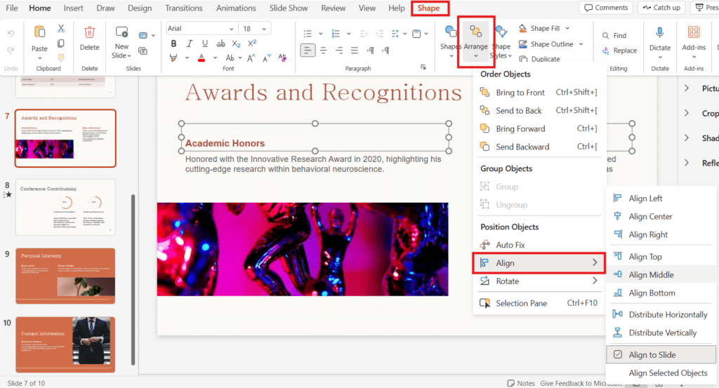 Quick alignment tools for arranging slide elements in PowerPoint