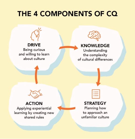 Diagram showing the four components of cultural intelligence including drive knowledge strategy and action