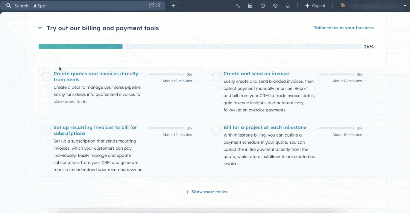a gif of setting up billing and payment tools via hubspot for crm