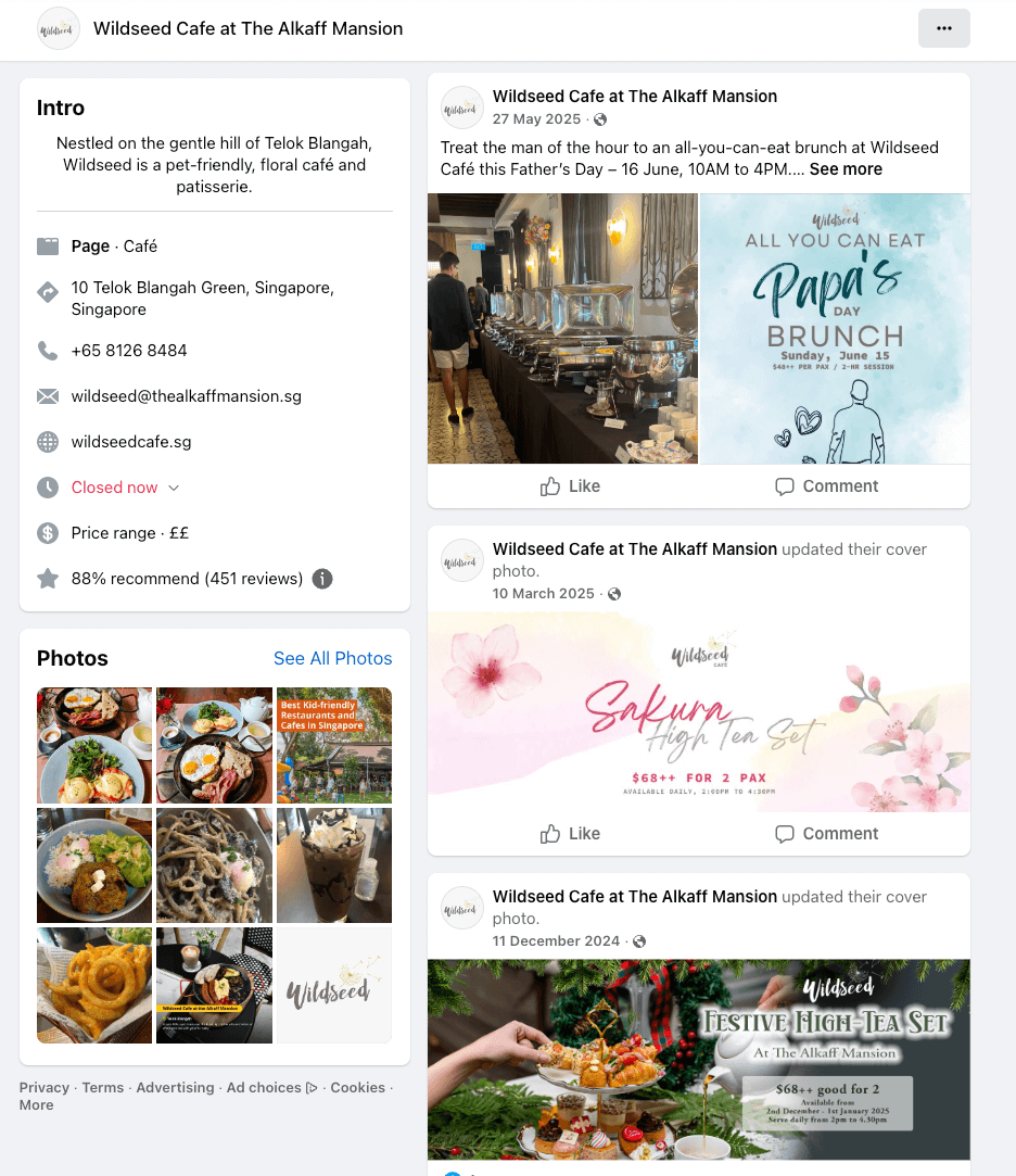 Wildseedsg Facebook page example showing posts and brand engagement