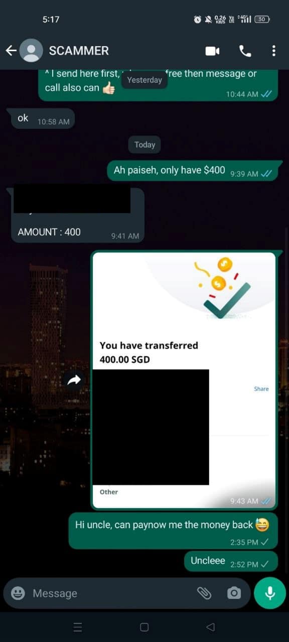 WhatsApp fake friend scam screenshot