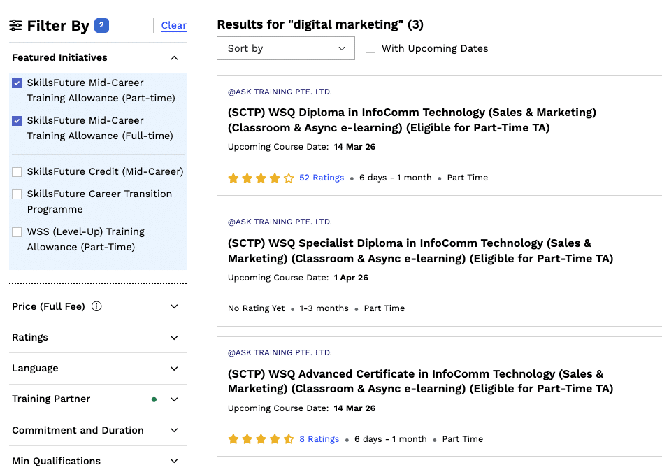 SkillsFuture digital marketing part-time training allowance courses