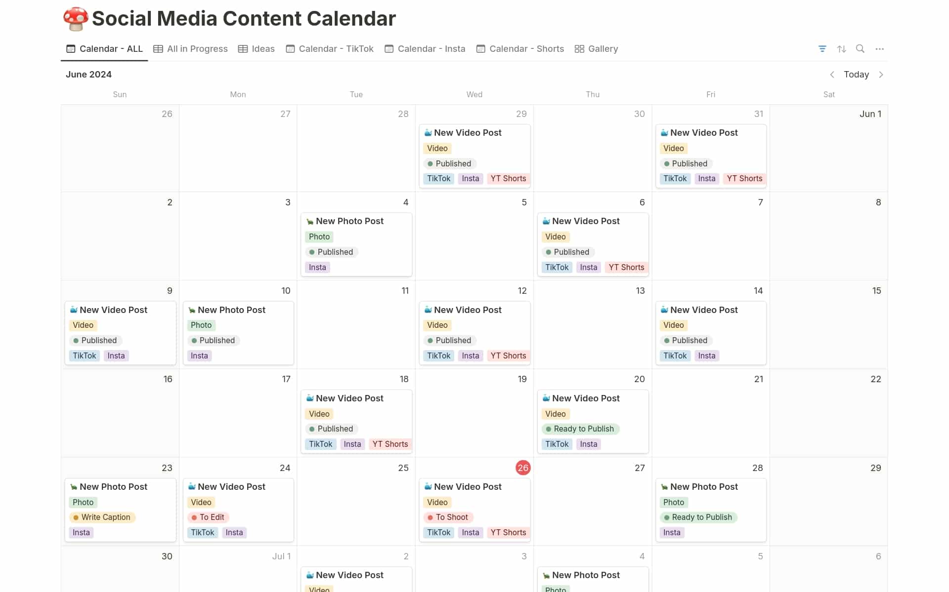 example of a content calendar template via notion app