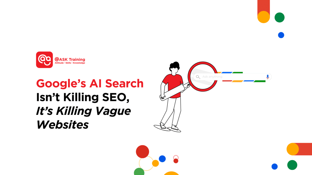 header banner of google's AI search isn't killing SEO, it's killing vague websites with human elements